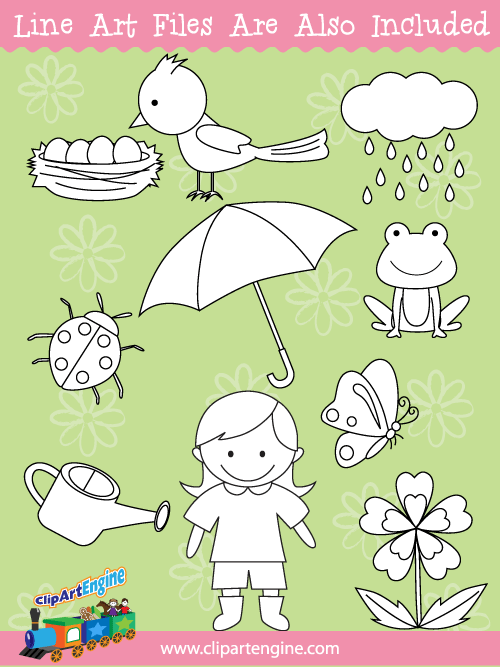 Black and white line art files are also included as part of this collection of spring clip art.