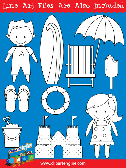 Black and white line art files are also included as part of this collection of summer clip art.