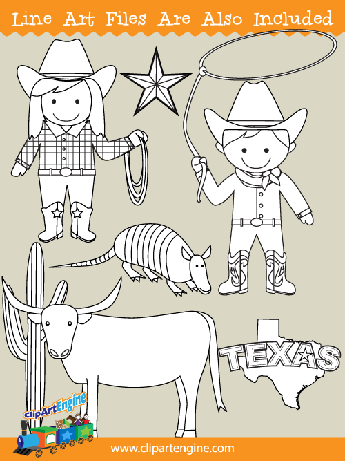 Black and white line art files are also included as part of this collection of Texas clip art.