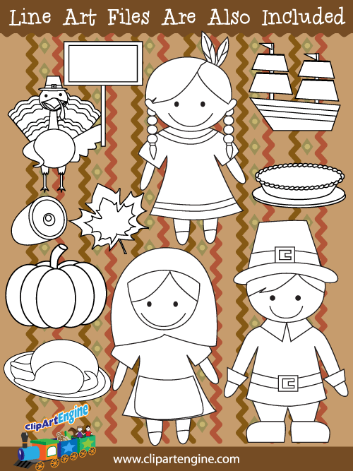Black and white line art files are also included as part of this collection of Thanksgiving clip art.