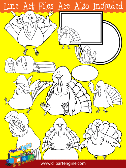 Black and white line art files are also included as part of this collection of turkey clip art.