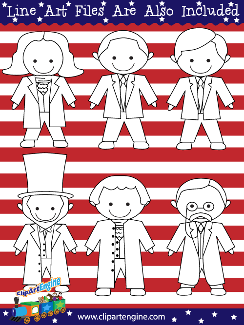Black and white line art files are also included as part of this collection of U.S. presidents clip art.