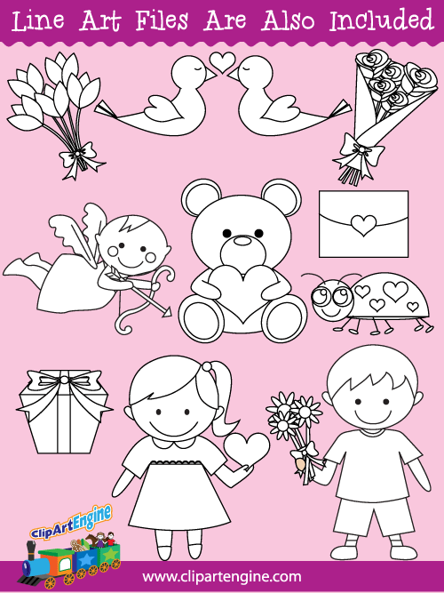 Black and white line art files are also included as part of this collection of Valentine's Day clip art.