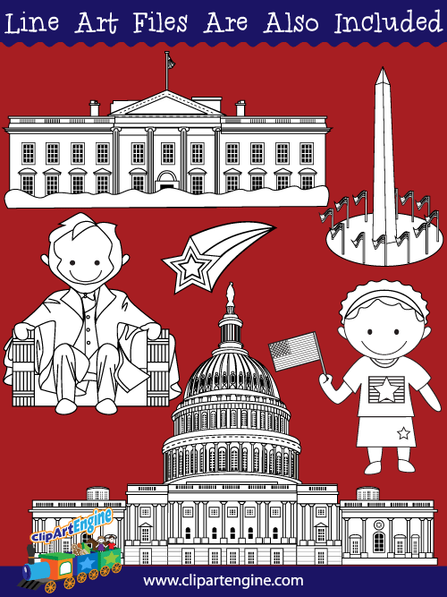 Black and white line art files are also included as part of this collection of Washington D.C. clip art.