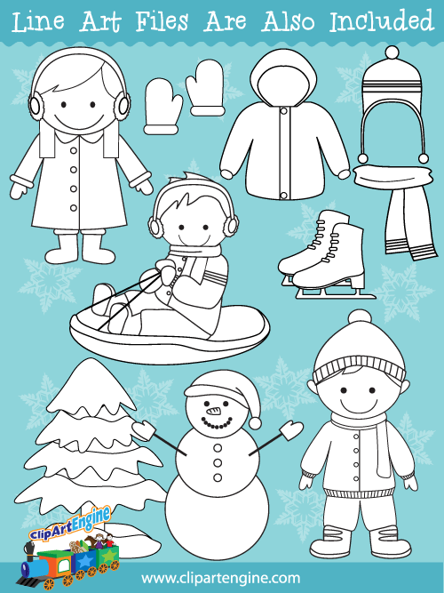 Black and white line art files are also included as part of this collection of winter clip art.