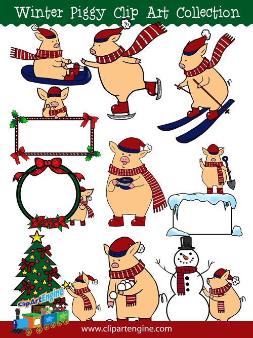 Our Winter Piggy Clip Art Collection is a set of royalty free graphics that includes a personal and commercial use license.