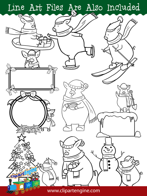 Black and white line art files are also included as part of this collection of winter piggy clip art.